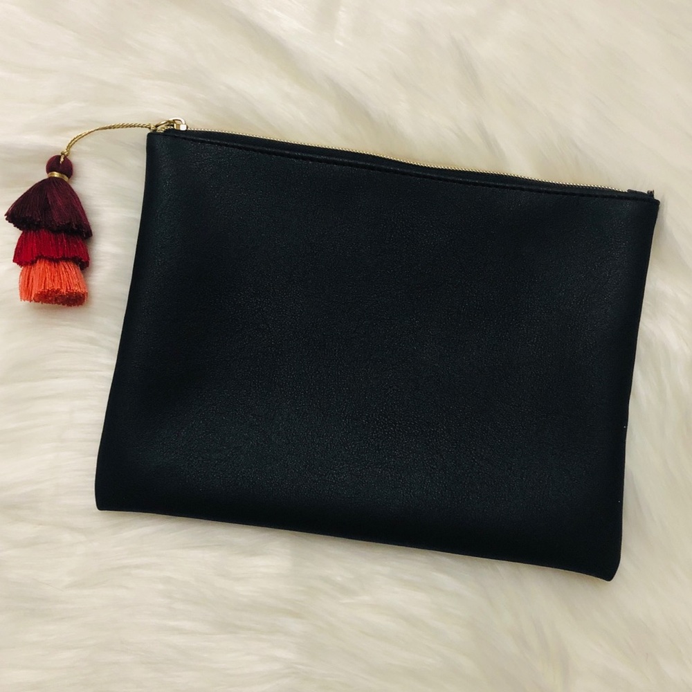 Black Faux Leather Tassle Clutch Purse